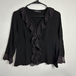 Cut Loose Black Lace‎ Trim Ruffle V Neck Long Sleeve Blouse Women's M